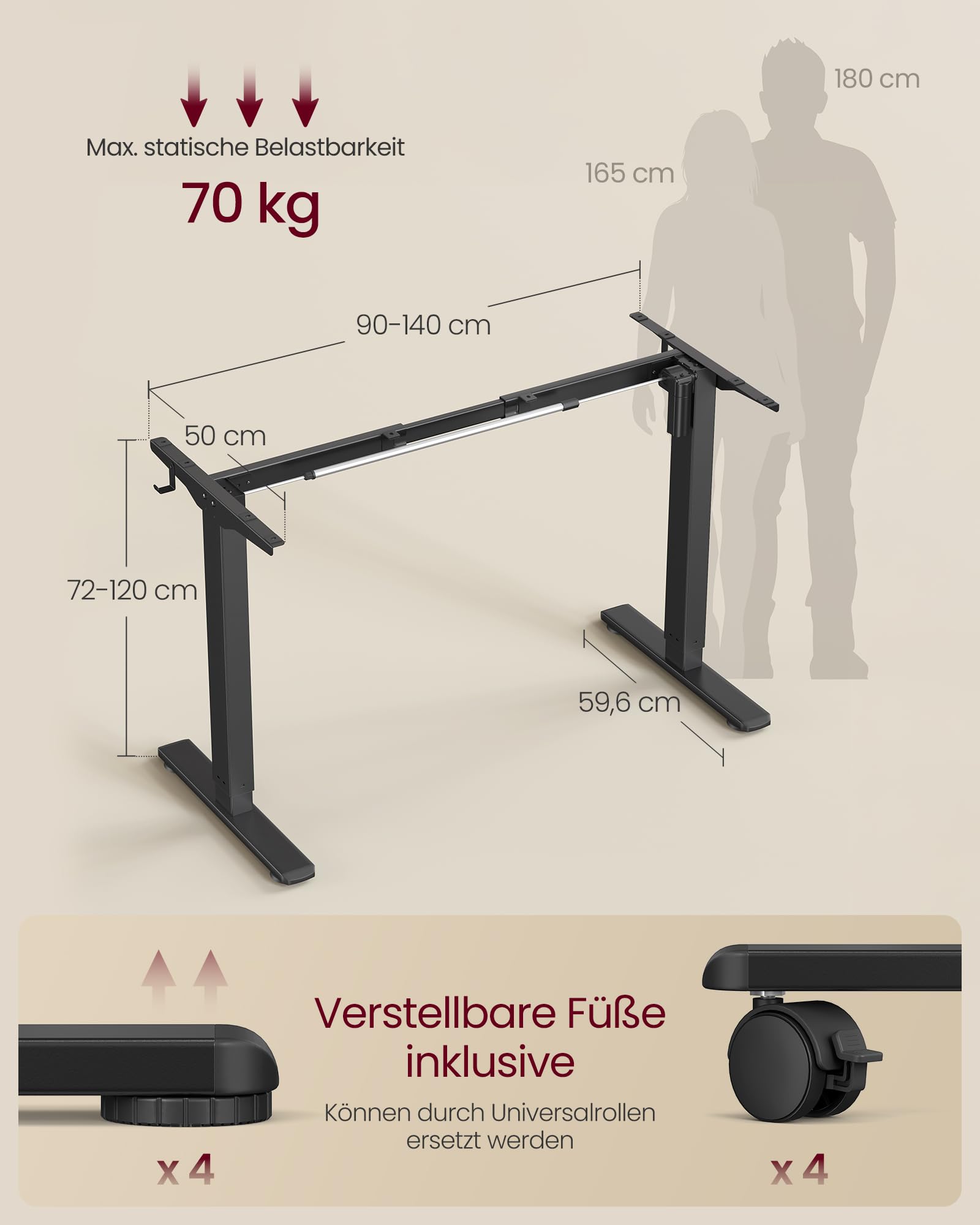 VASAGLE Höhenverstellbarer Schreibtisch elektrisch Tischgestell Stahl tintenschwarz LSD021B01V2