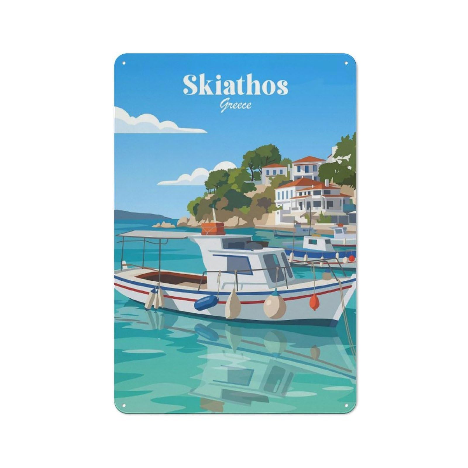 Junmoney Style-4 Skiathos Greece Harbor Decorative Tin Sign 30X20cm, Rustic Rustic Kitchen Decor For Kitchen, Cottage, Porch Or Garden Room