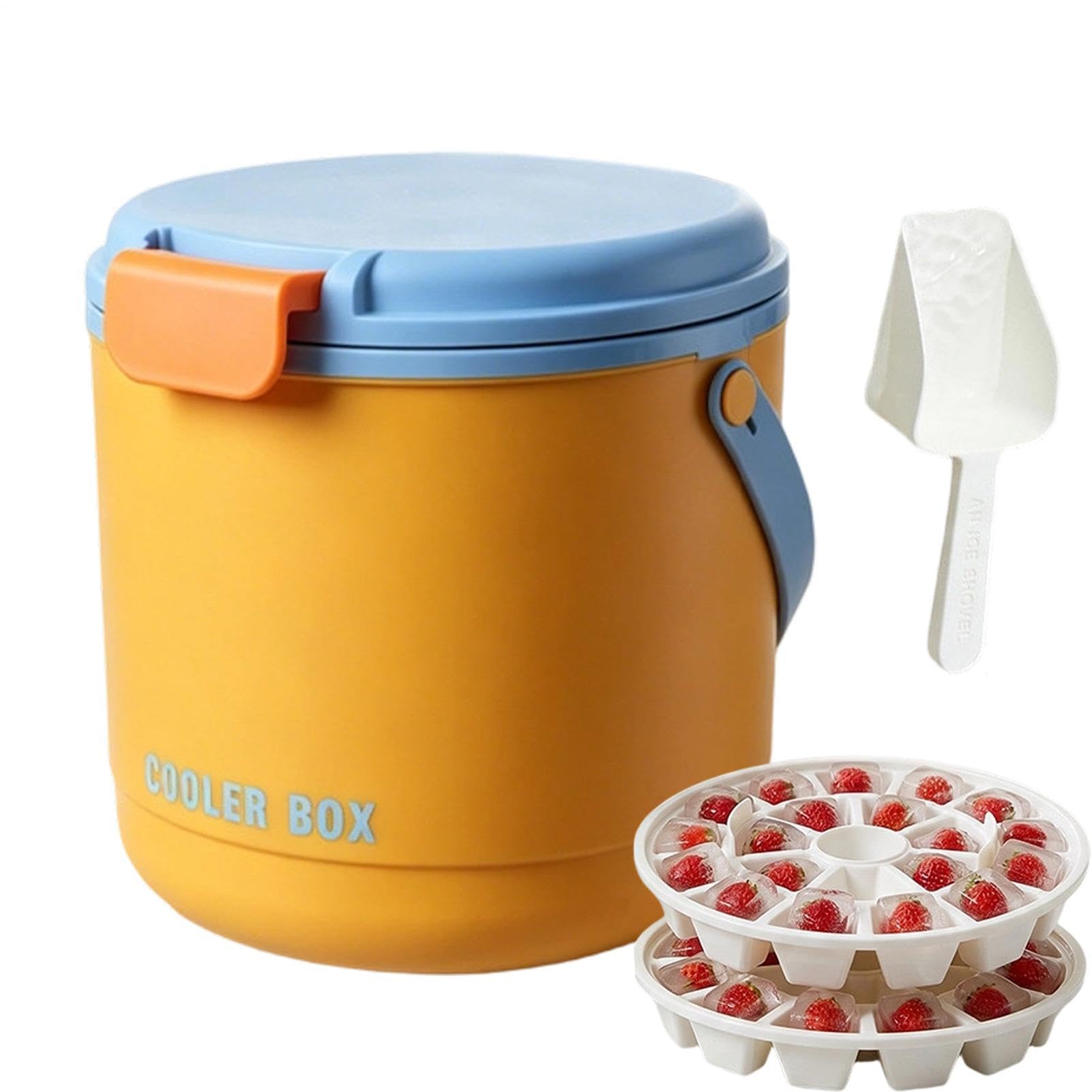 Cubo De Hielo Pequeño Recipiente Portátil 2 En 1 Con Tapa Y 2 Bandejas | Contenedor De Hielo Para Bar De Casa, Vino, Cóctel, Bebidas, , Camping, Picnic, Aire Libre Y Barbacoa