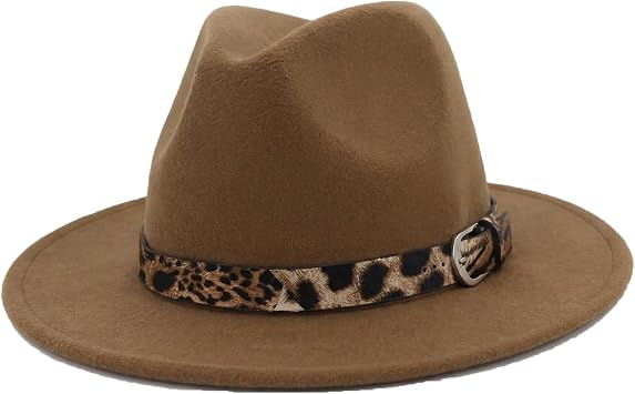 UPSTORE Womens Felt Fedora Hat Classic Wide Brim Panama Hat with Leopard Belt Buckle Red