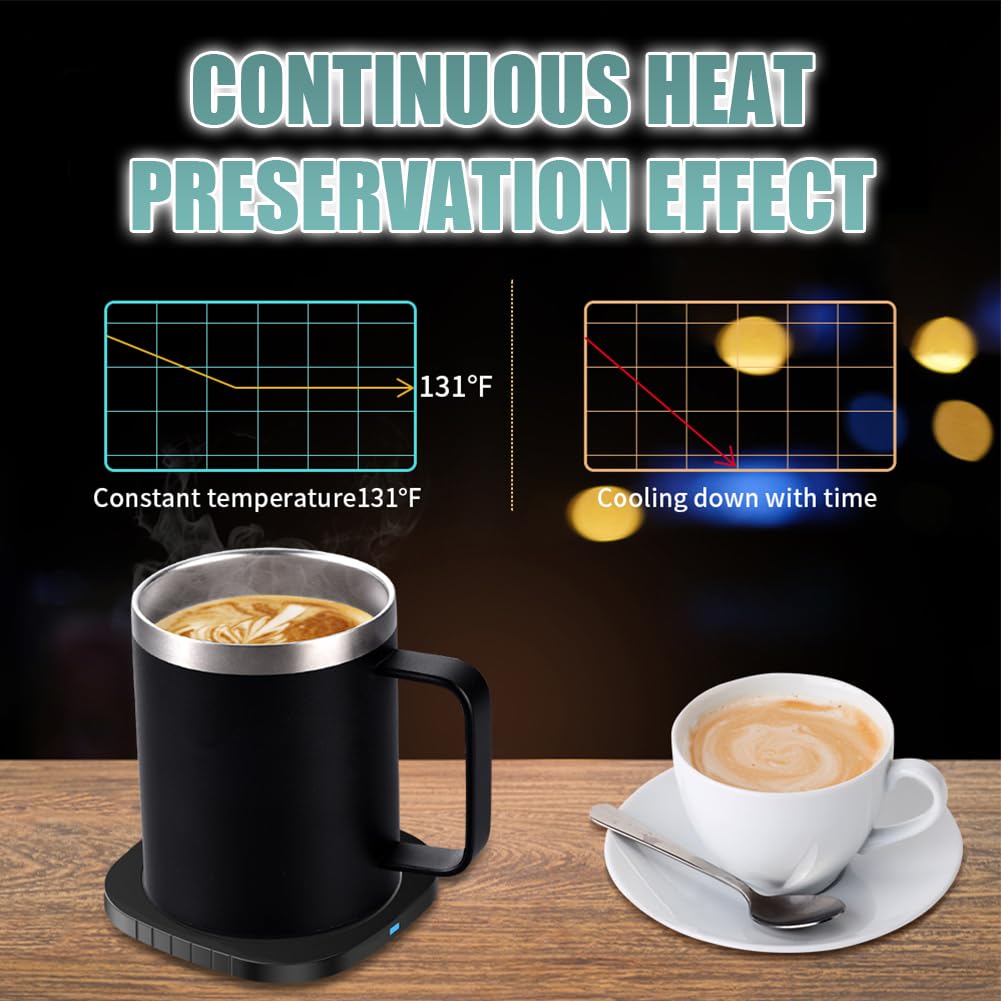 Juego de calentador inteligente de tazas de café y taza con autocalentamiento de apagado automático para café, té, leche, control de temperatura, calentador de tazas para escritorio, hogar, oficina