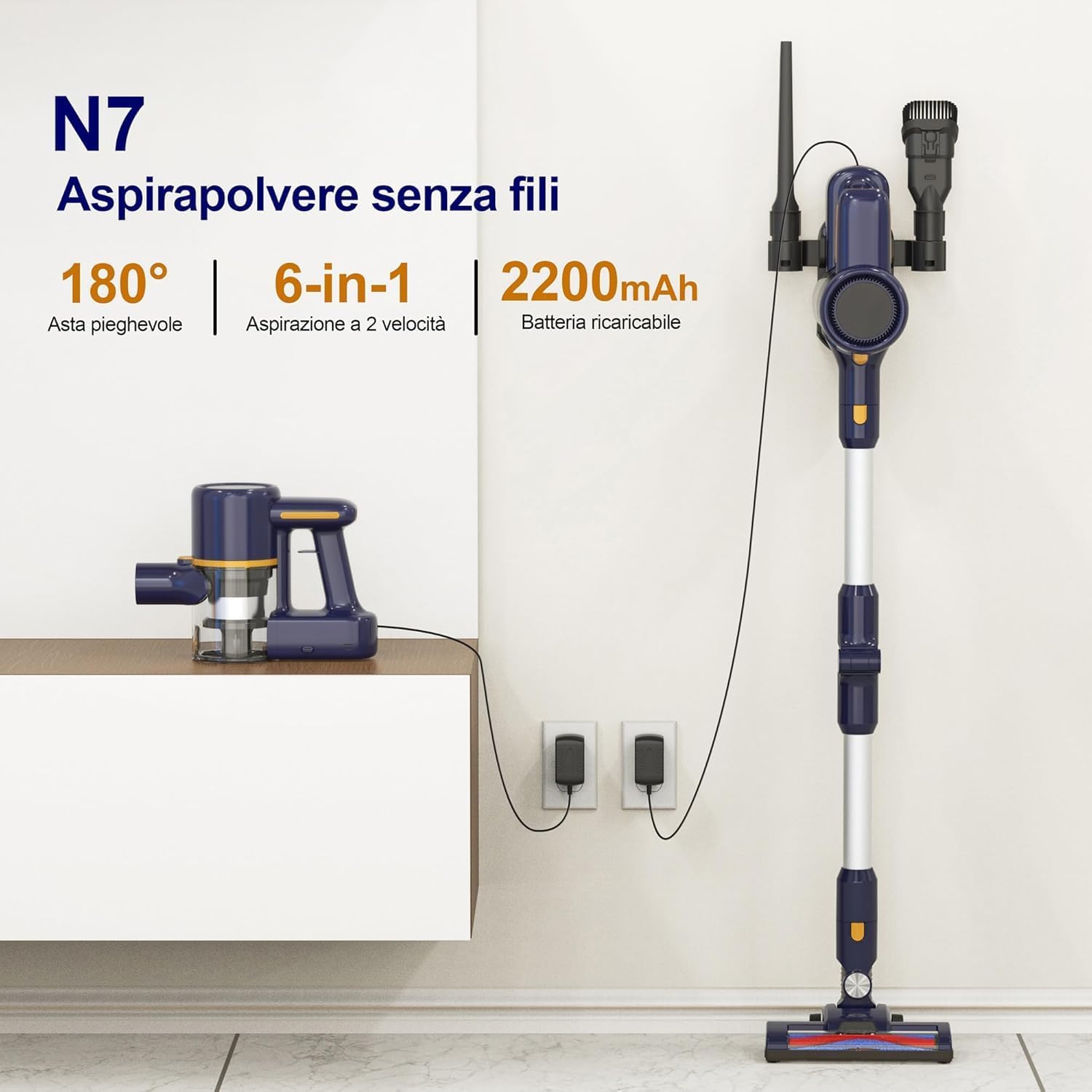 Aspirapolvere Senza Fili, Scopa Elettrica Senza Fili 20KPa, 6 in 1 Scopa Elettrica, Autonomia 40Min, Luce LED, Due Filtri a Spugne, Pavimenti Tappeto Peli di Animali Domestici
