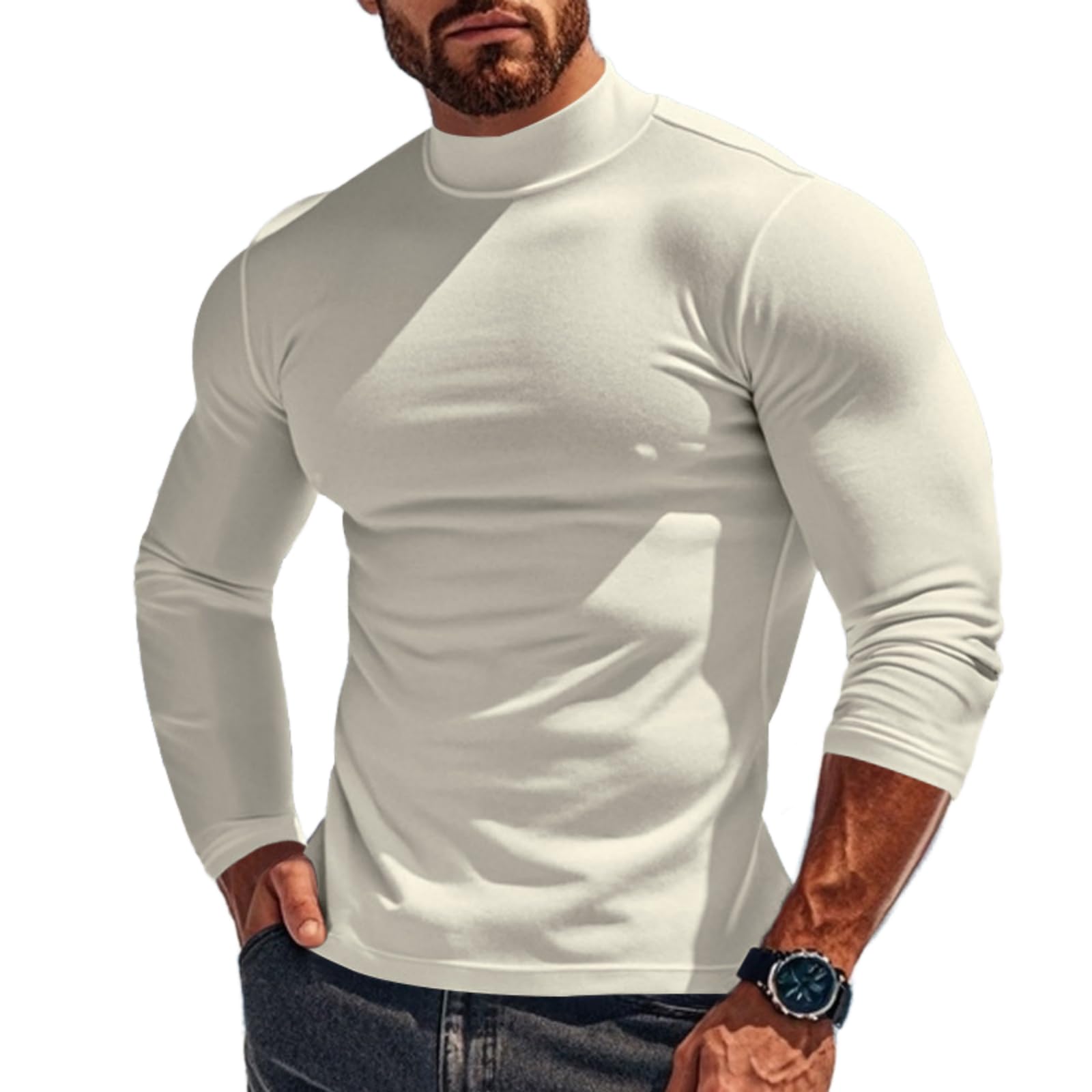 Men's Mock Turtleneck Long Sleeve Shirts Basic Thermal Turtle Neck Undershirt Solid Lightweight Pullover Tops White