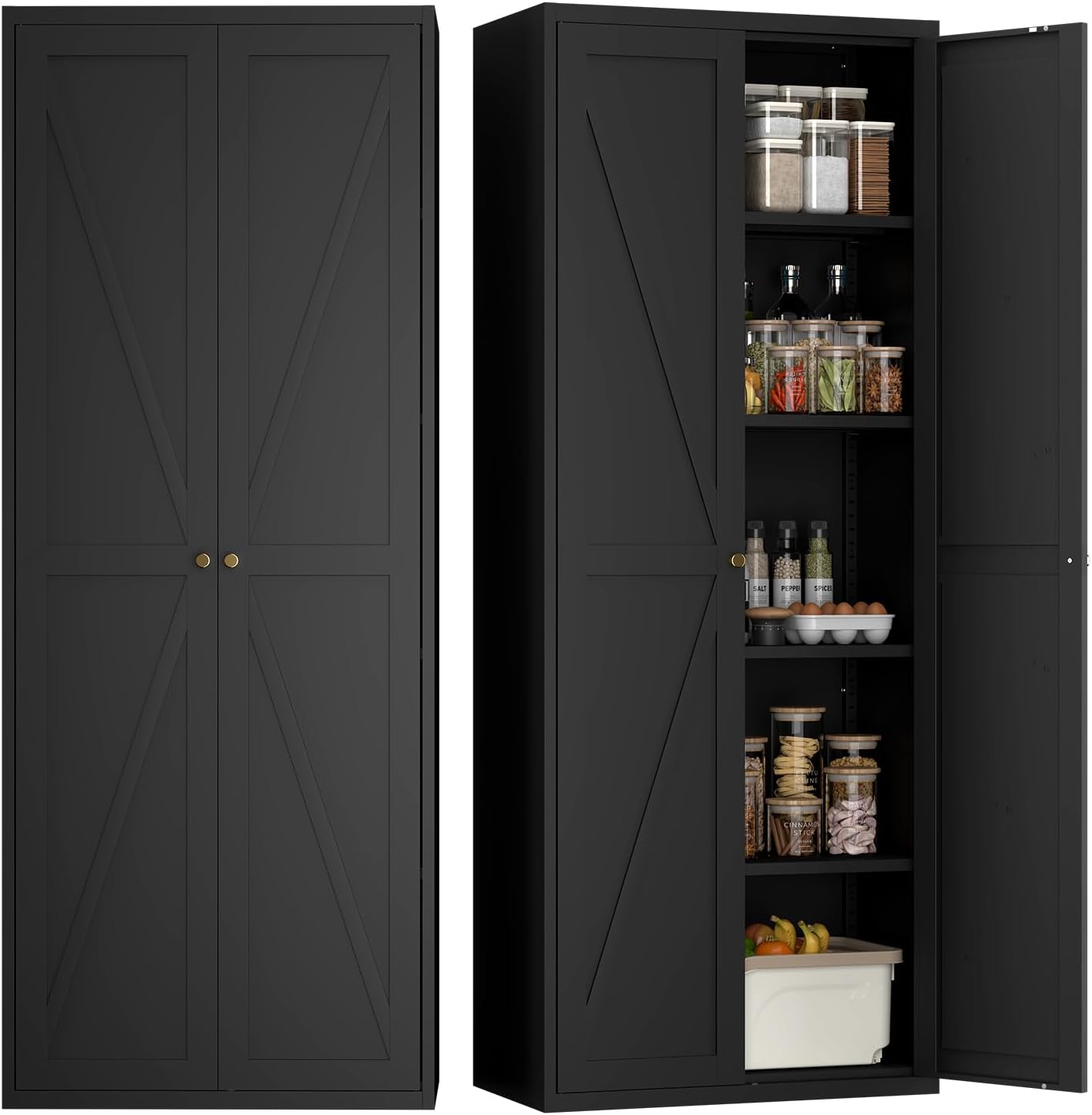 Storage Cabinet,Tall Cabinet with Doors and Shelves,Metal Pantry Cabinets for Kitchen Storage,Metal Pantry Storage Cabinet for Living Room,Dining,Black