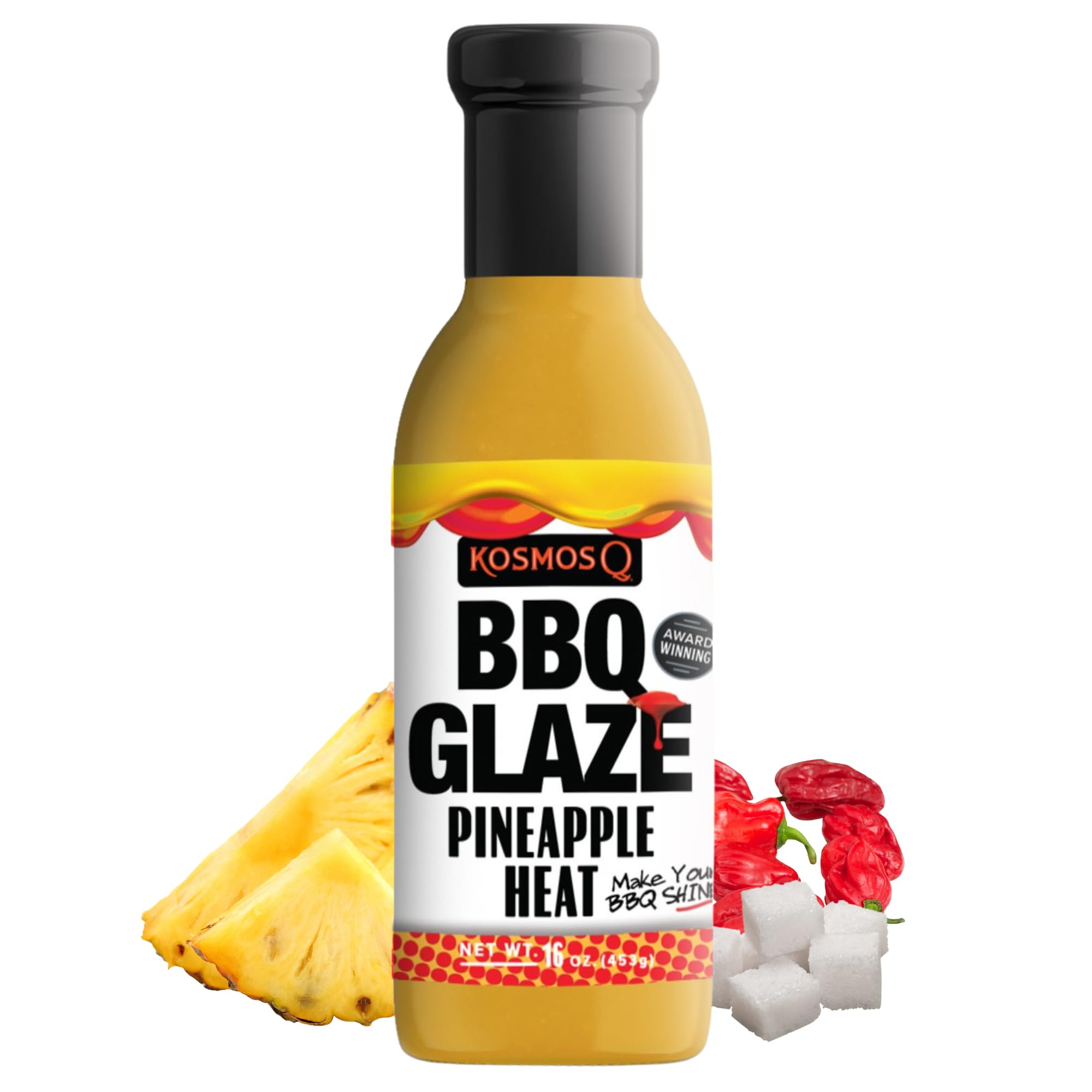 Kosmos Q Pineapple Heat BBQ Glaze, Sweet and Spicy Glaze for Ribs, Chicken, Pork, and Brisket, Thick Competition-Style BBQ Glaze with Real Pineapple and Scorpion Peppers, American Made, 15.5 Oz Bottle