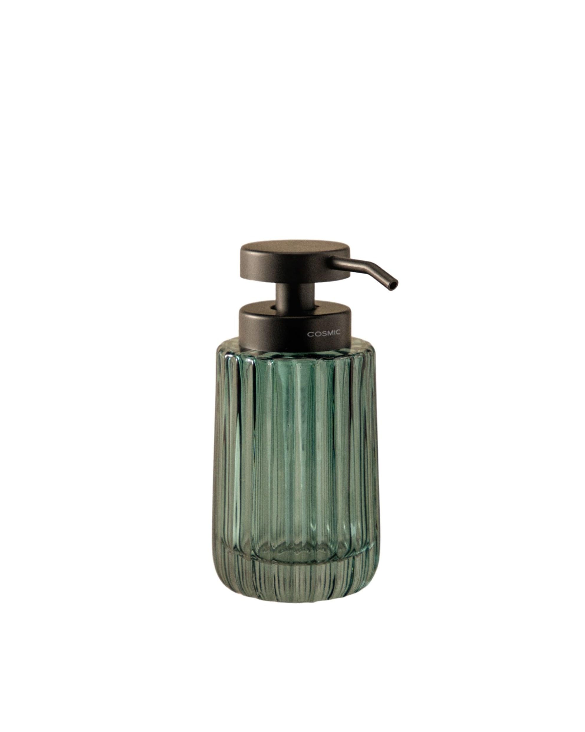 COSMIC Lido Soap Dispenser for Bathroom with Elegant and Circular Design. Countertop Dispenser for Bathroom and Kitchen made of Glass. Refillable Accessory of 300 ml in Bluish Green Color.