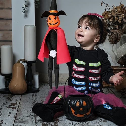 Miniatura 6 de Muñeco de peluche de calabaza de Halloween de 14 pulgadas, hecho a mano con sombrero negro, guantes blancos, vestidos y capa para Halloween y
