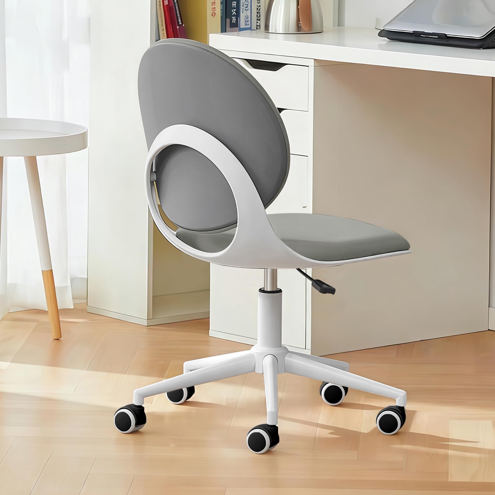 Silla De Oficina Moderna para El Hogar,Sin Brazos De Cuero PU con Respaldo Medio,Ergonómica Giratoria Y Regulable En Altura,para Oficina,Dormitorio,Maquillaje Y Estudio(Gris)