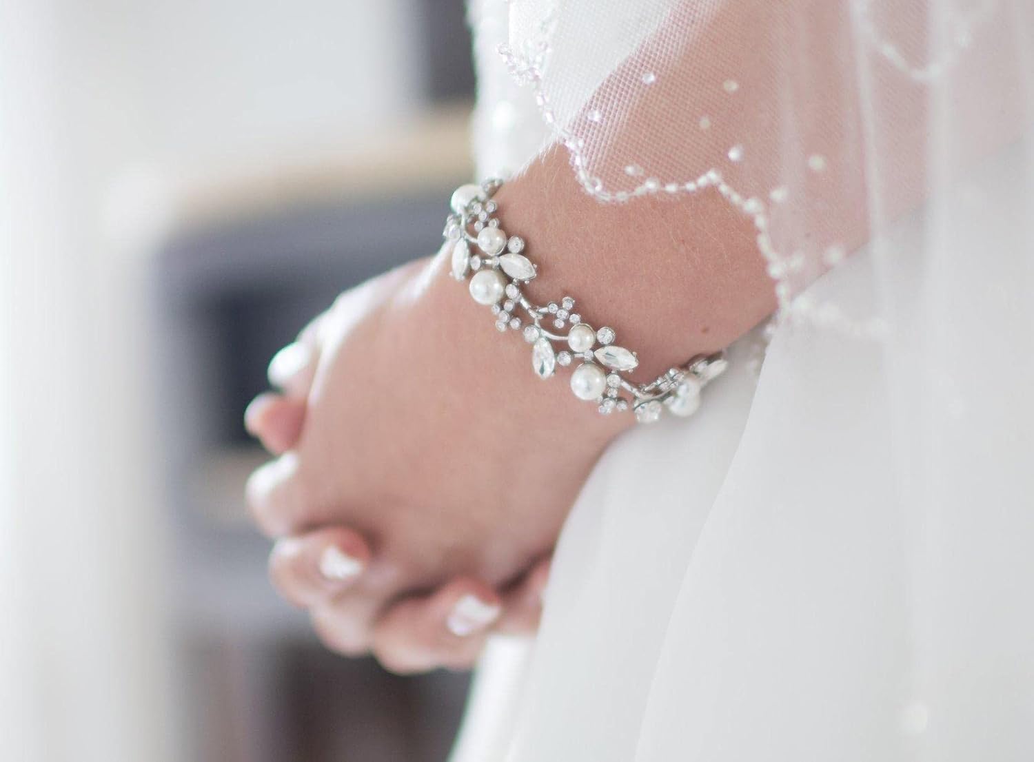 EVER FAITH Austrian Crystal White Simulated Pearl Bridal Floral Leaf Tennis Bracelet Clear - Image 4