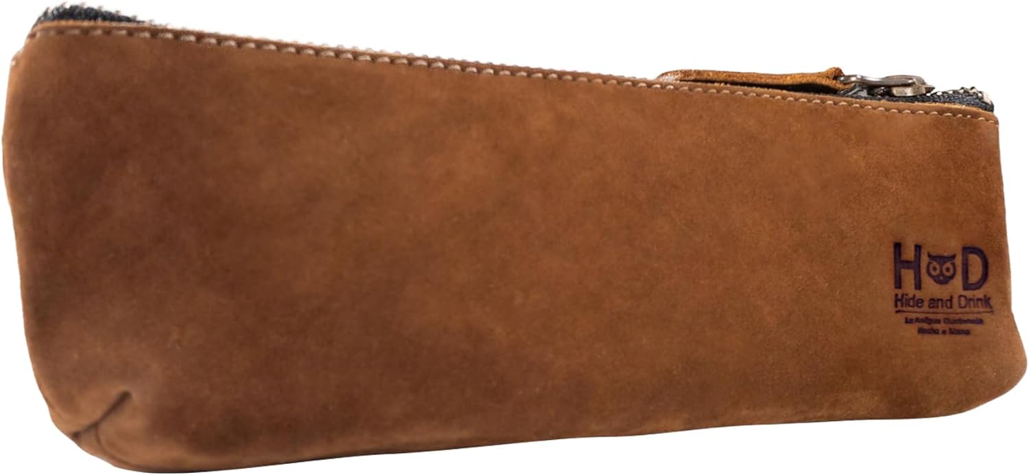 Hide & Drink, Rectangular Pencil Case, Pen & Marker Pouch for Men and Women, Flat Zippered Holder, Classic Style for Artists, Full Grain Leather, Handmade, Swayze Suede