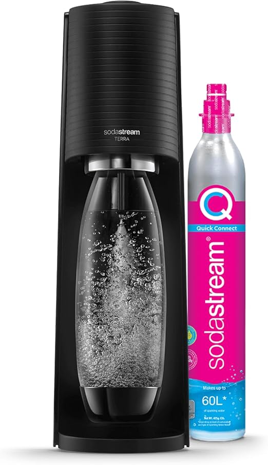 SodaStream Terra Sparkling Water Maker Machine, with 1 Litre Reusable BPA-Free Water Bottle for Carbonating & 60 Litre Quick Connect CO2 Gas Cylinder – Black