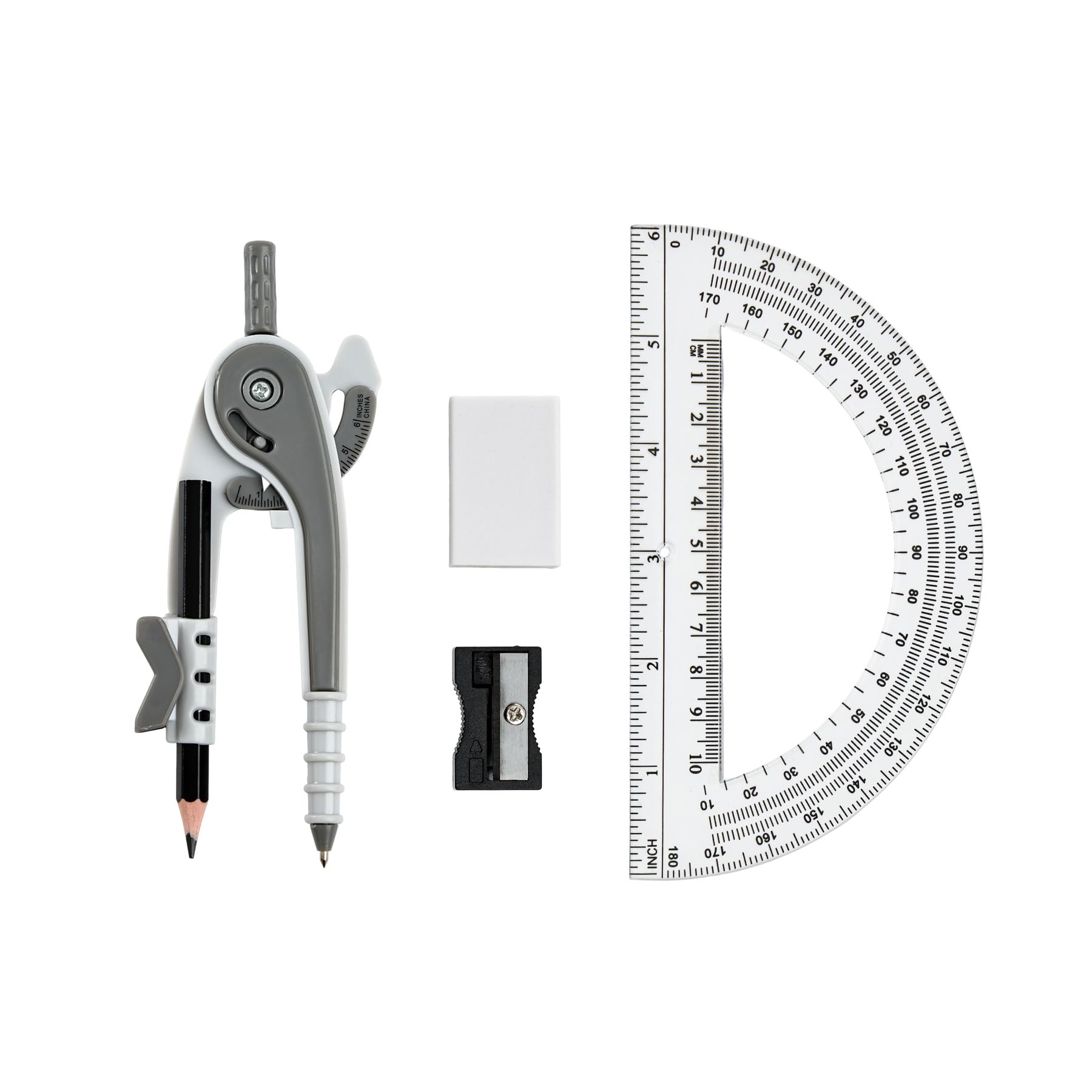 Unjoo Compass for Geometry Set, 6 Inch Protractor, Clear Plastic (Gray)