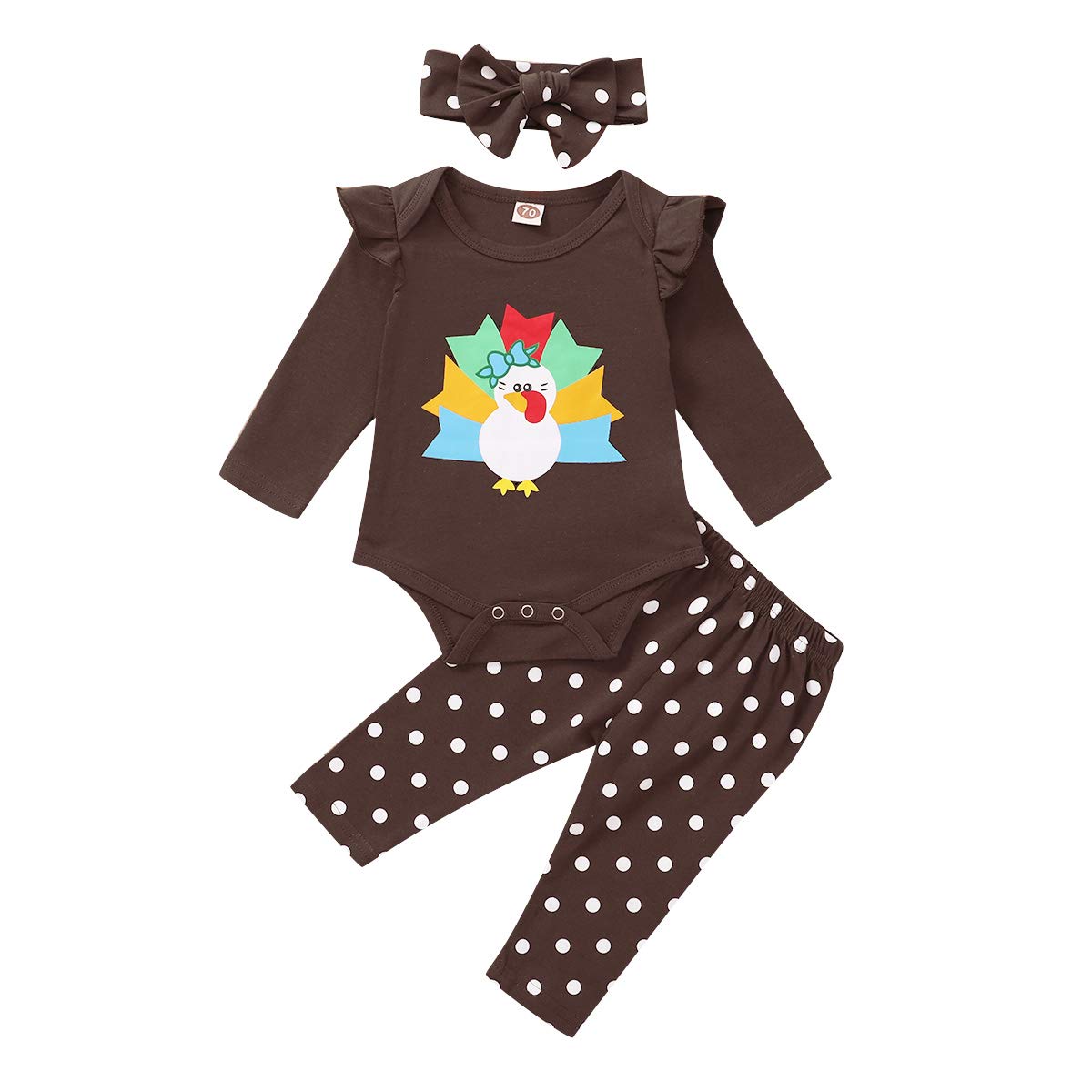 GOOCHEER Thanksgiving Baby Girl Outfit Long Sleeve Turkey Romper Pants Set with Headband Thanksgiving Baby Girl Clothes (Turkey, 6-9 Months)