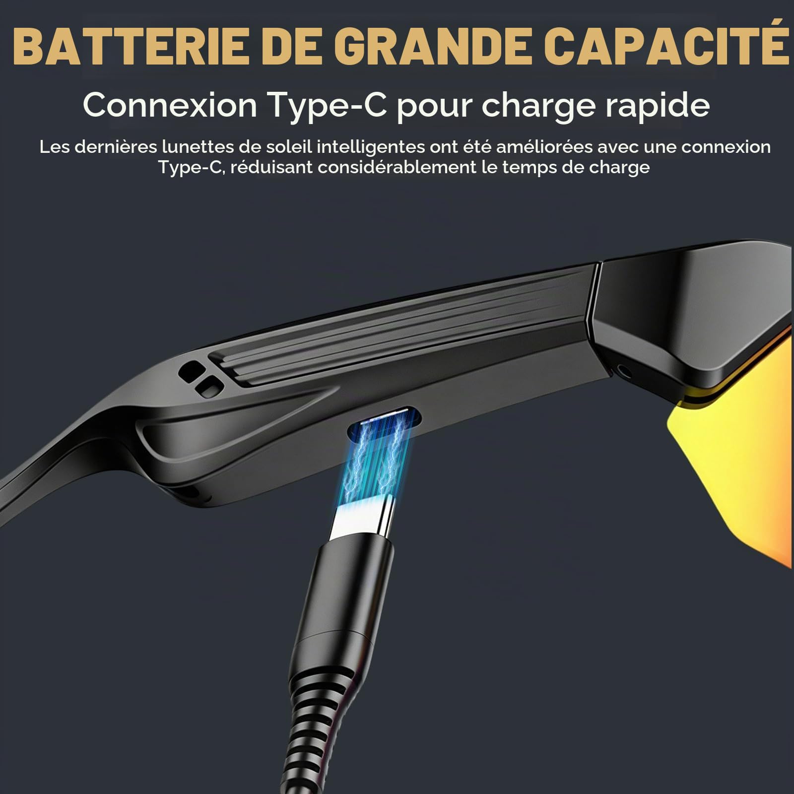 Lunettes de Soleil Bluetooth Intelligentes, Lunette Protection de Cyclisme, Réponse en un Clic, Protection UV, Navigation Vocale, pour Homme et Femme, Cyclisme, Course, Ski