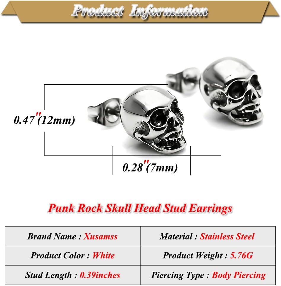 Xusamss Punk Jewelry Stainless Steel Skull Head Stud Earrings