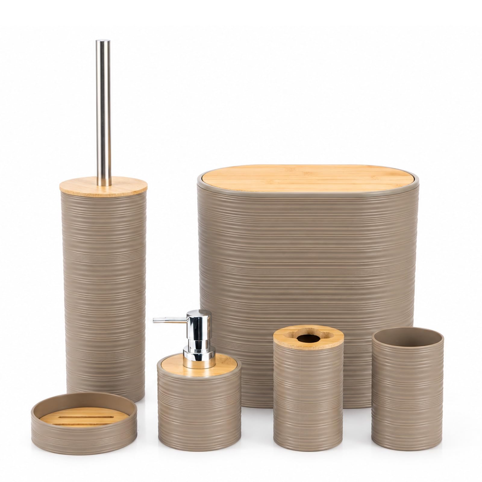 EVERGOODS Bathroom Accessories Set 6 Piece Modern Bathroom Decor Set with Trash Can Toilet Brush, Liquid Soap Dispenser Toothbrush Holder Mouthwash Cup Soap Dish Vanity Accessories Brown — image 1