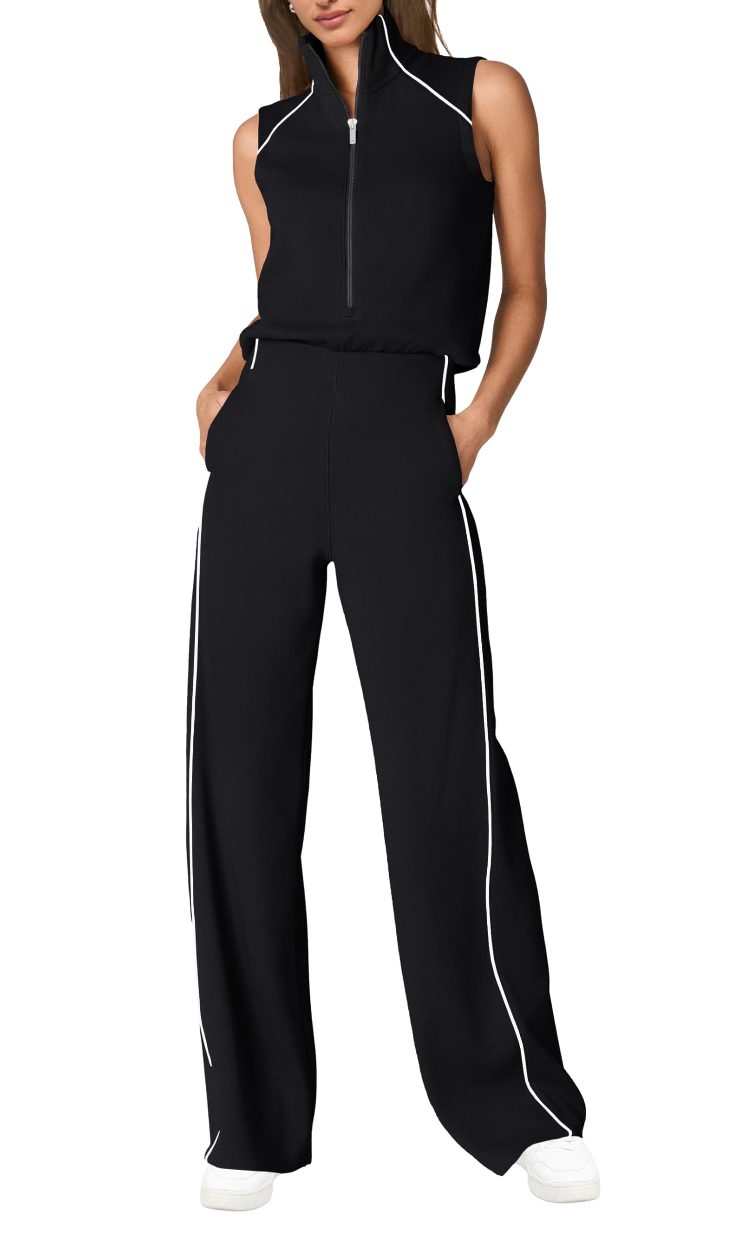 SENSERISE Womens Summer Jumpsuits Dressy Casual Sleeveless Mock Neck Top Wide Leg Pants Romper with Pockets
