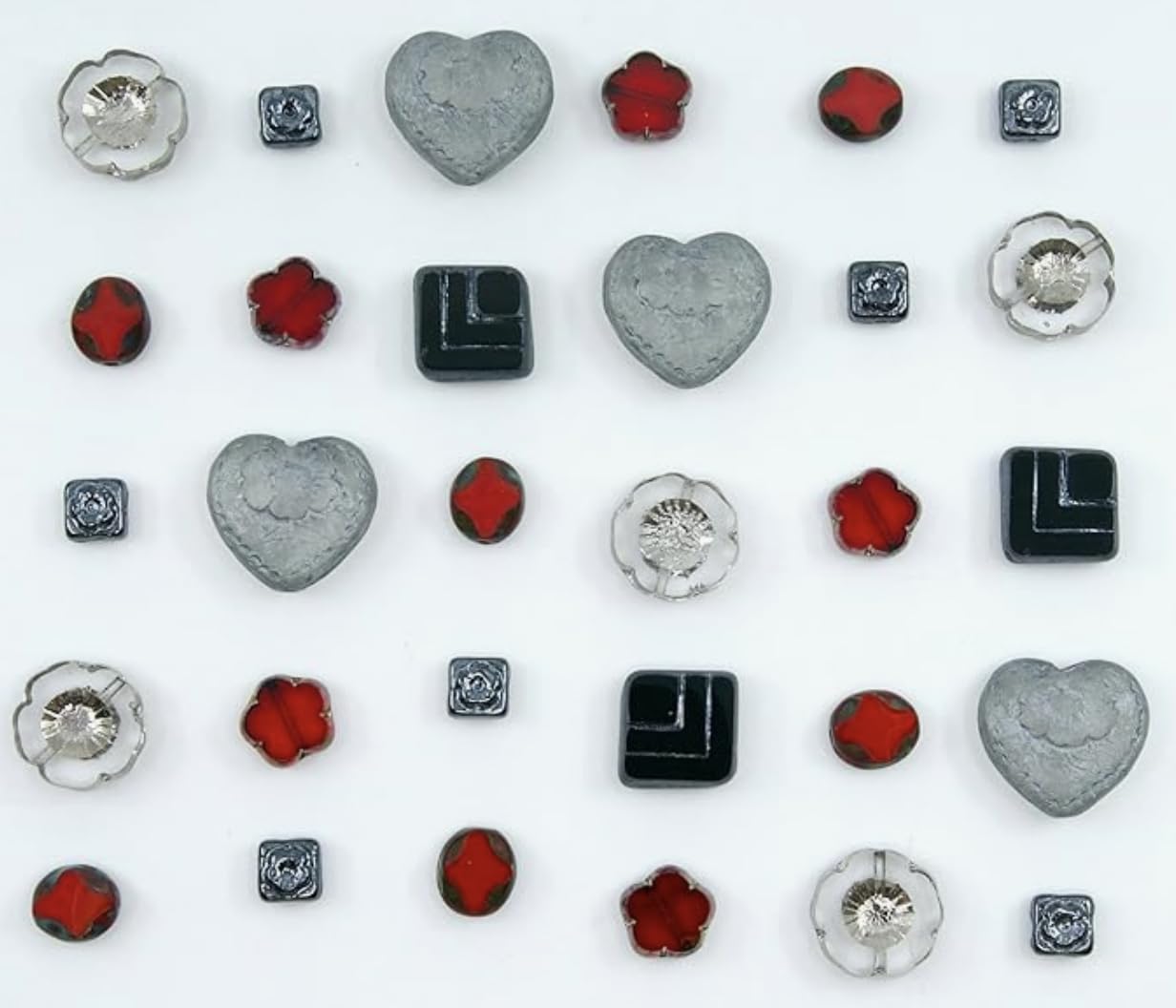 65+ pcs (60g) of Focal Glass Bead Mix with Table-Cut Hawaii Flower and Heart with Rose Beads, PG Gray Red โ image 1