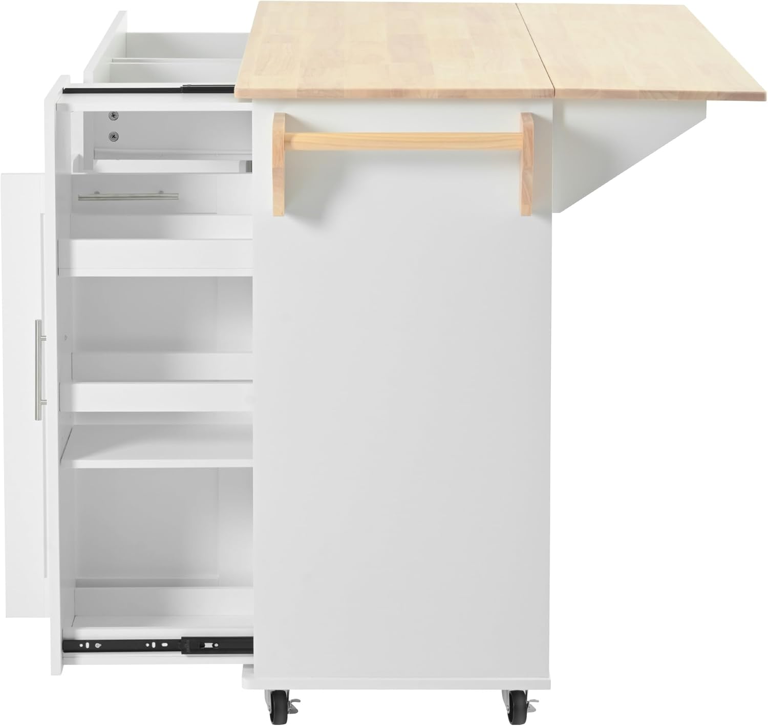 Kitchen Island with Drop Leaf, Rolling Storage Cart with Drawers and Cabinet, 46 x 29.5 x 37 inches, Black and White (White+Rubber+Wood+MDF)