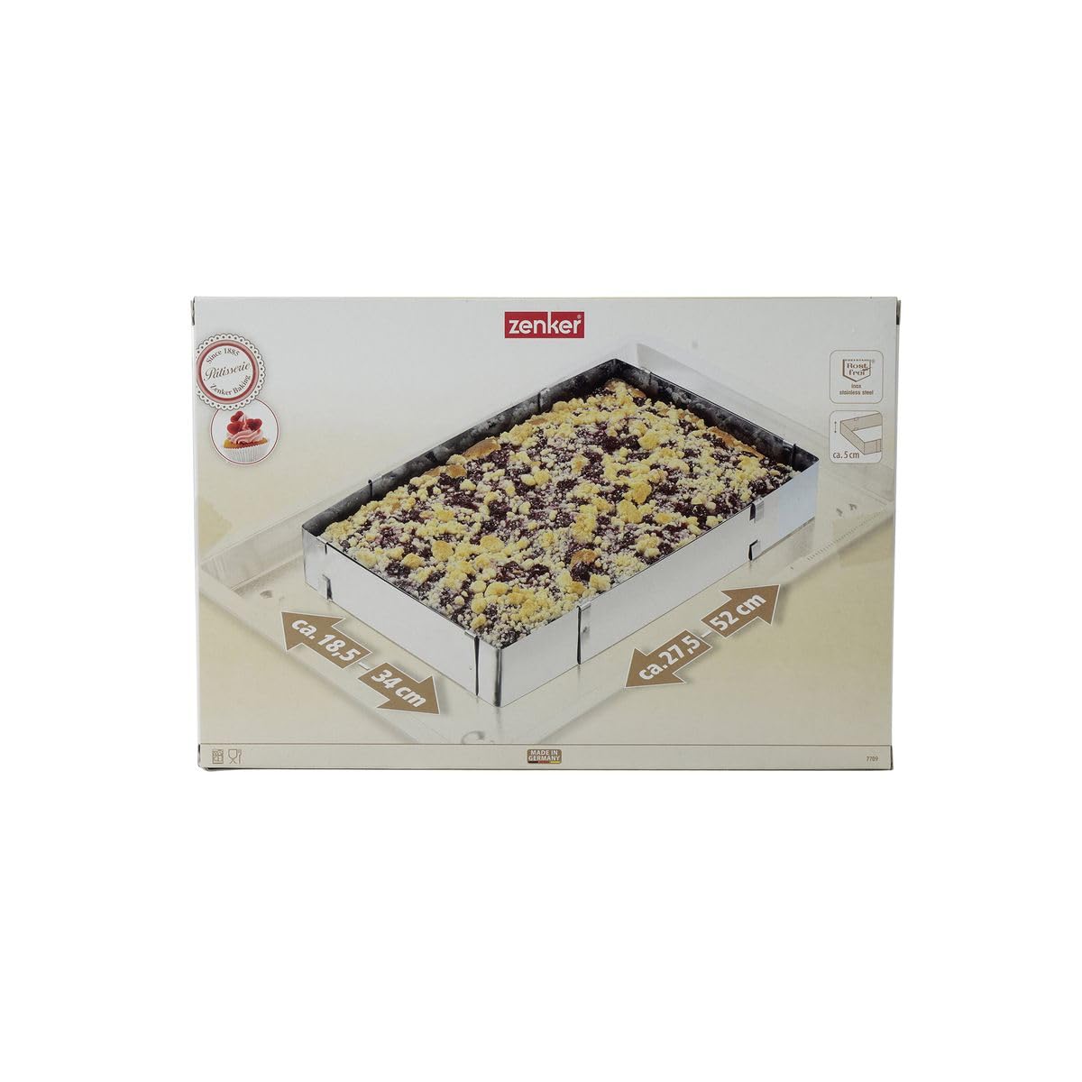 Zenker Pierścień do ciasta cukierniczy regulowany w kolorze srebrnym, stal nierdzewna, 27,5-52 cm x 18,5-34 cm