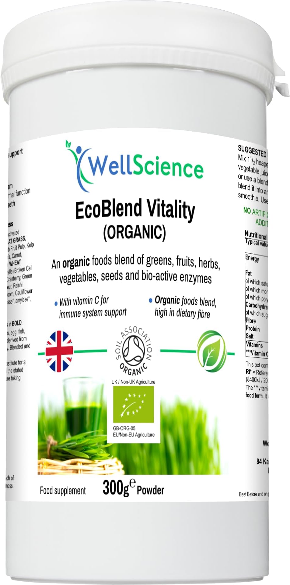 WellscienceEcoBlend Vitality Organic Superfood Powder - Immune Support, Detox, Energy Boost & Gut Health - Rich in Antioxidants, Vitamins & Dietary Fibre - Vegan & Clean Ingredients - 300gm