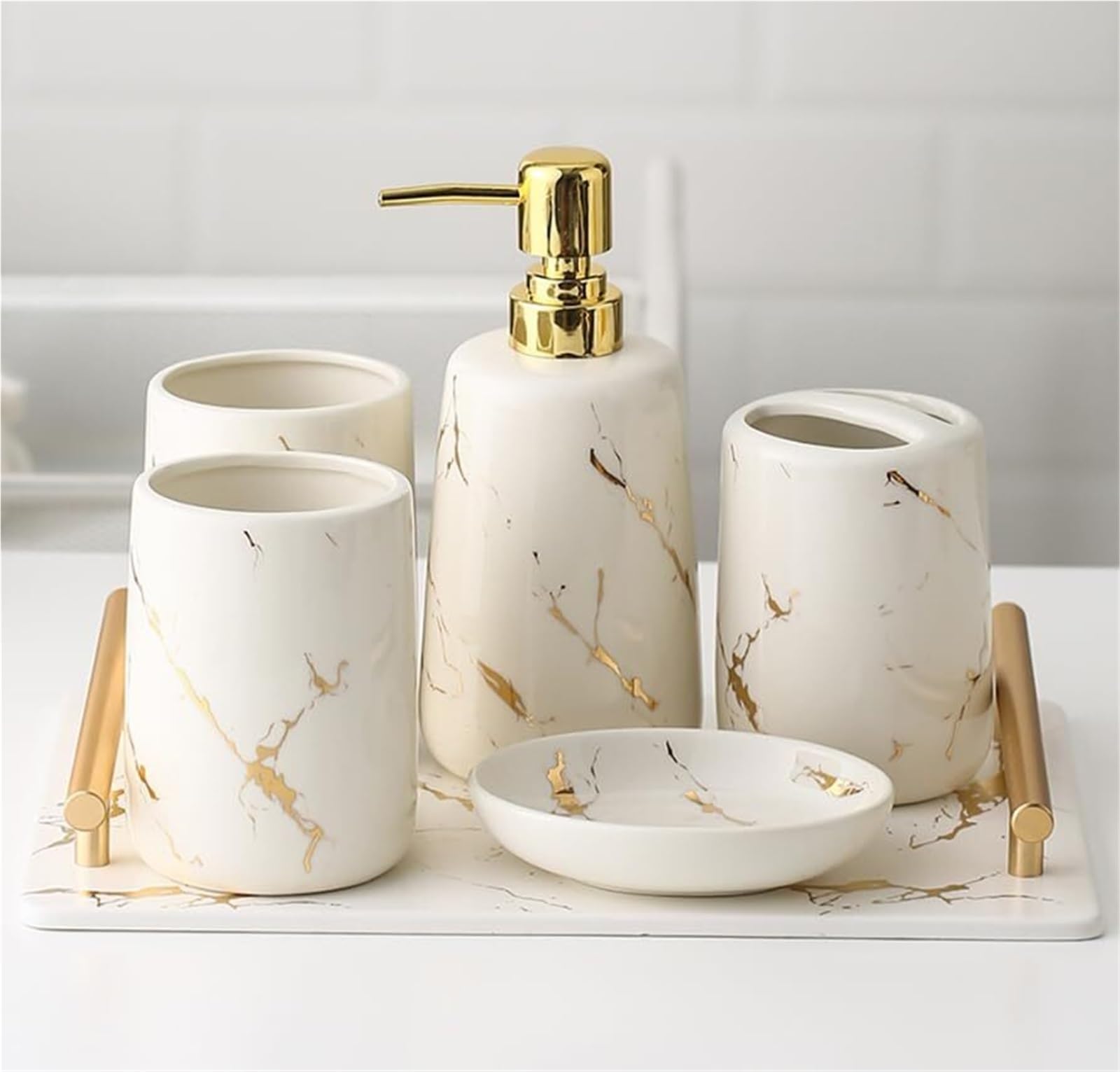 Accesorios de baño de diseño dispensador de jabón y vaso estético premium