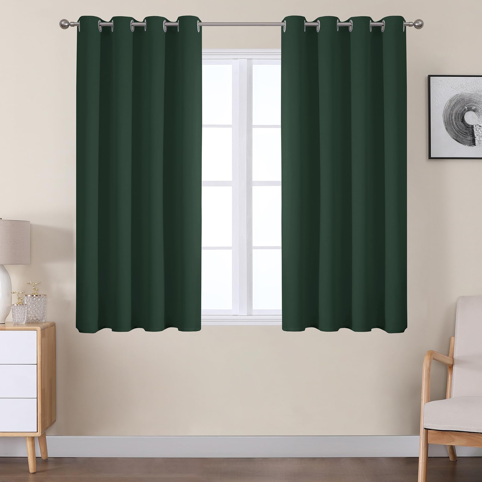 VEHEDE Short Small Window Blackout Curtains 45 Inch Drop, Eyelet Thermal Insulated Curtain for Cafe, Soft Black Out Bedroom Curtain, Living Room Curtains, W46 x L45 Inch, Blackish Green, 2 Panels โ image 1