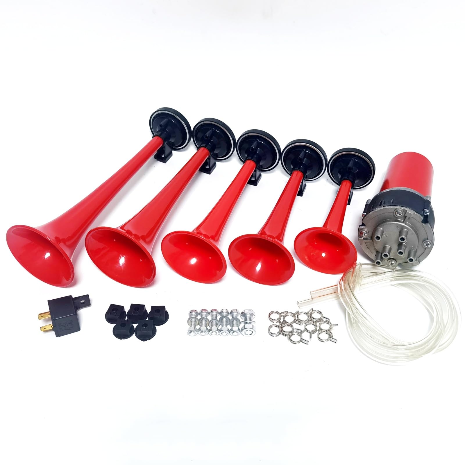 Klaxon à air trompette Klaxon de voiture 12V Air Horn Trompette musicale 165db Corne d'alarme Cinq tubes Dixie rouge étanche avec pompe à air haut-parleur Car Horn pour 12V bateau camion etc