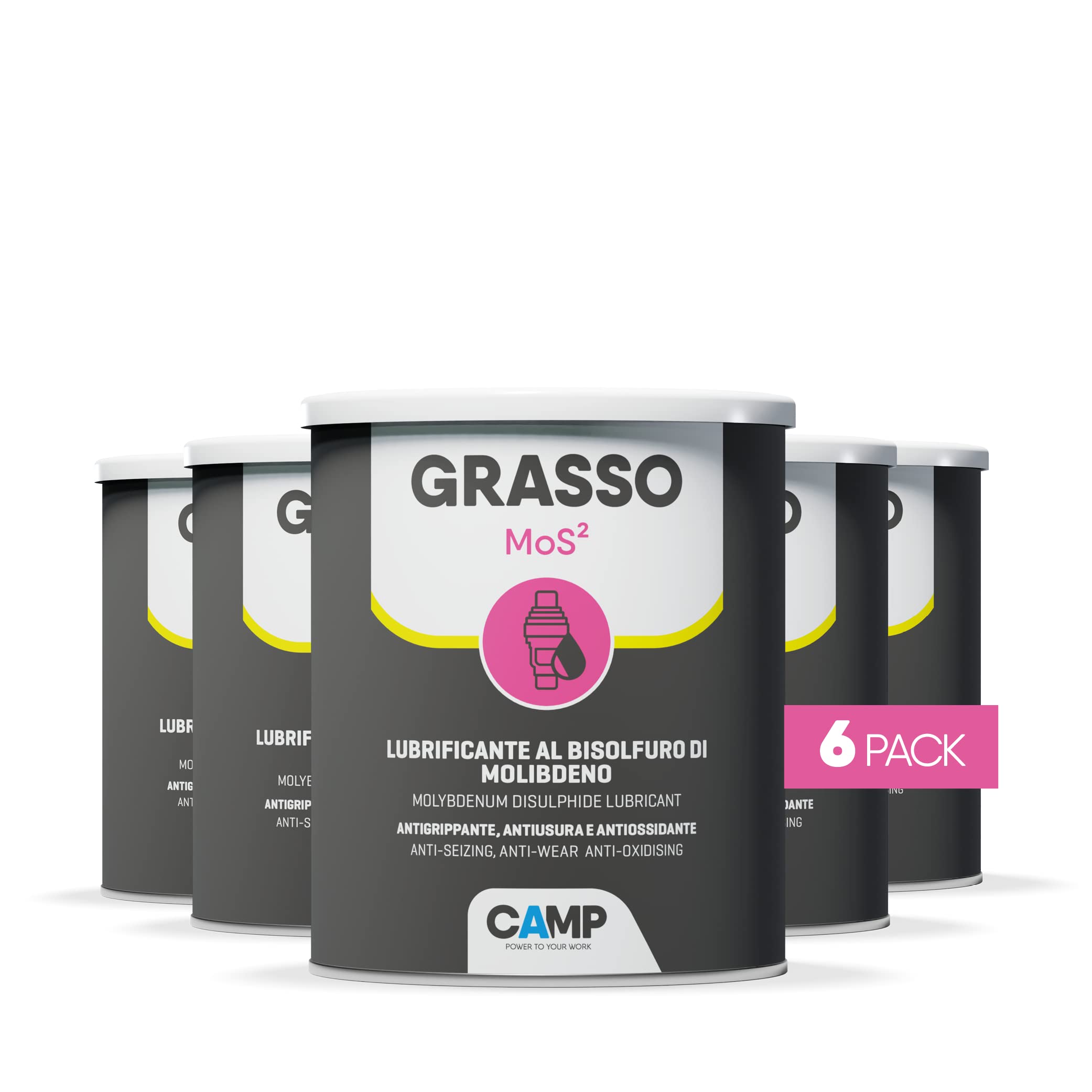 CAMP Grasa MOS2 - Grasa lubricante con disulfuro de molibdeno para cargas pesadas y altas temperaturas, anti-gripante y antidesgaste, 6 x 1 kg