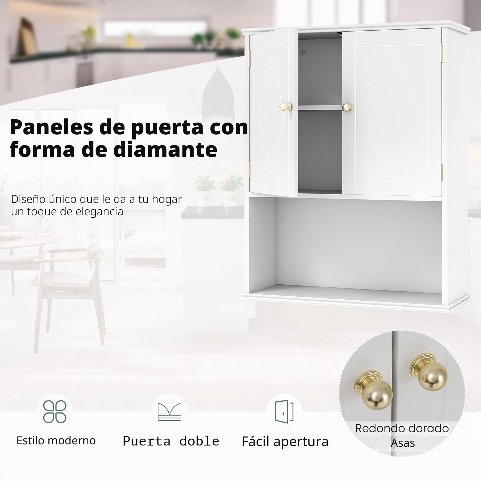 LIFEZEAL Mueble de baño para ahorrar espacio, de pared, blanco, armario suspendido, armario con estante ajustable, compartimento abierto, mueble moderno, para cocina, lavandería, de madera, 60 x 21 x