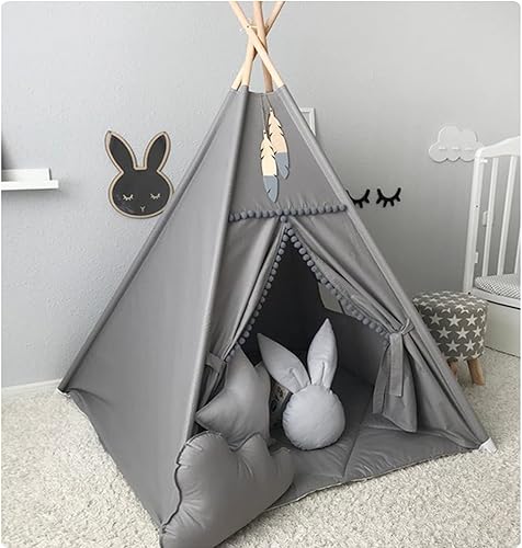Tienda de campaña para niños con pompón blanco, tipi de juego para interiores, casa de juegos portátil (gris)