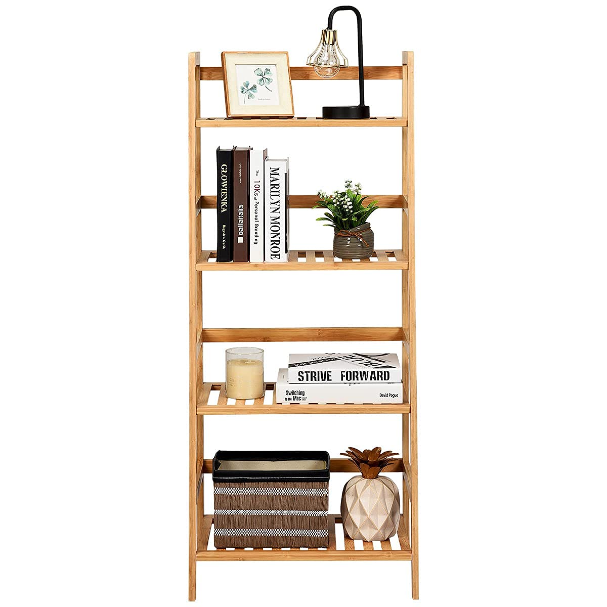 GIANTEX Leiterregal Bambus Standregal mit 4 Ablagen Blumenleiter Pflanzenregal freistehend Badregal Küchenregal Aufbewahrungsregal Blumenregal für Küche Badezimmer Balkon Büro (Natur)