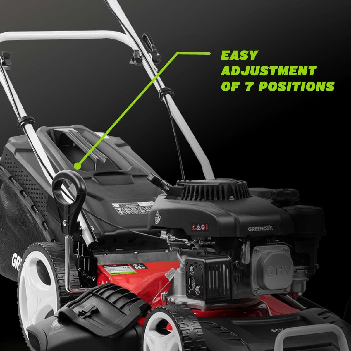 GREENCUT GLM770X Tondeuse Thermique 150cc 4ch Moteur 4T autotracté Lame Acier 460mm Bac 55L