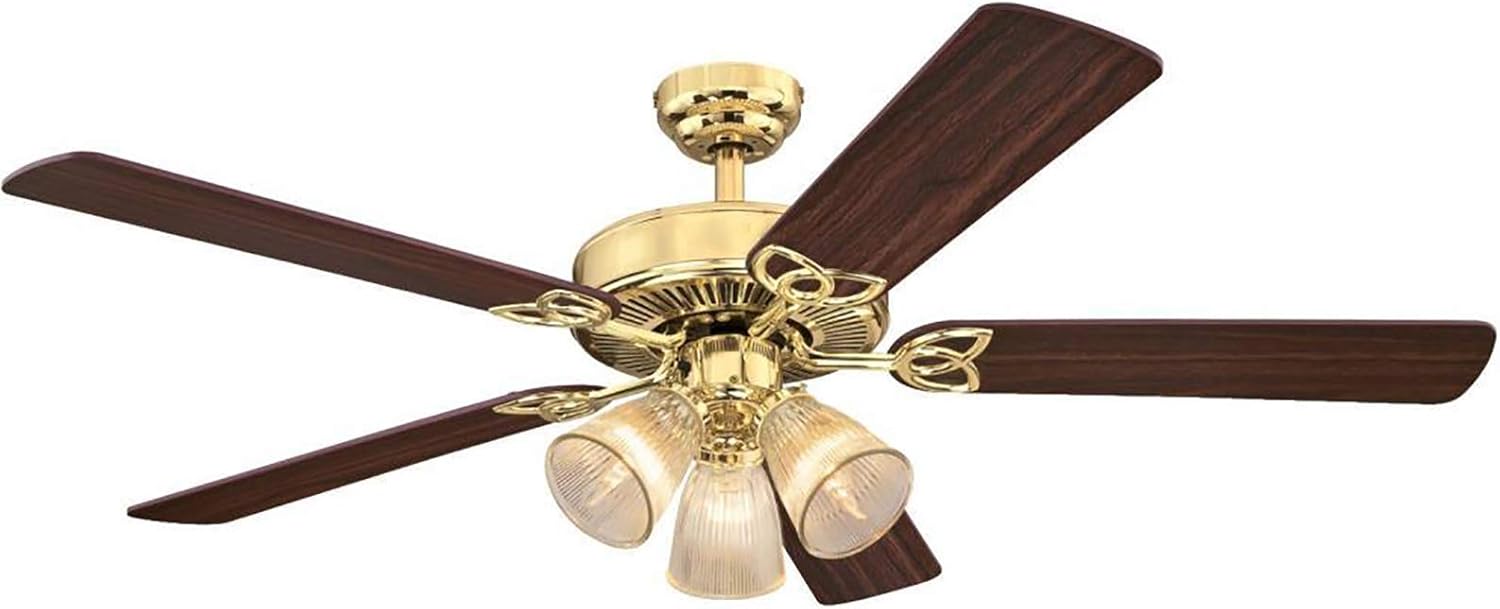 Ciata Lighting 52 Inch Vintage Indoor Ceiling Fan with Dimmable LED Light Fixture and Clear Ribbed Glass in Polished Brass Finish with Reversible Walnut/Oak Blades