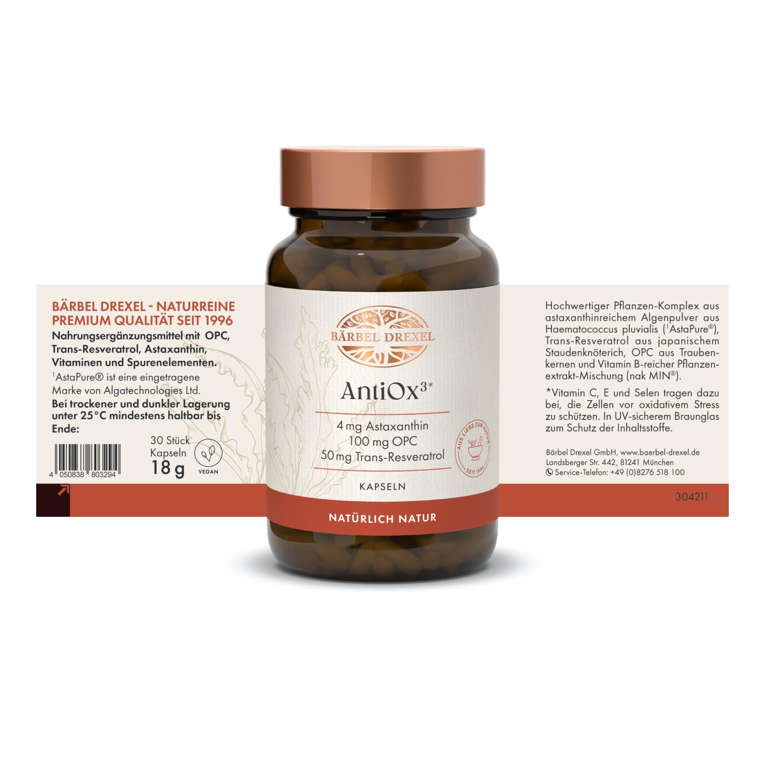 BÄRBEL DREXEL AntiOx³ Kapseln mit 3-fach Power: Astaxanthin, OPC und Trans-Resveratrol nach dem Vorbild der Natur (30 Stk) optimiert mit Vitamin C und E Naturheilkunde ohne unerwünschte Zusätze