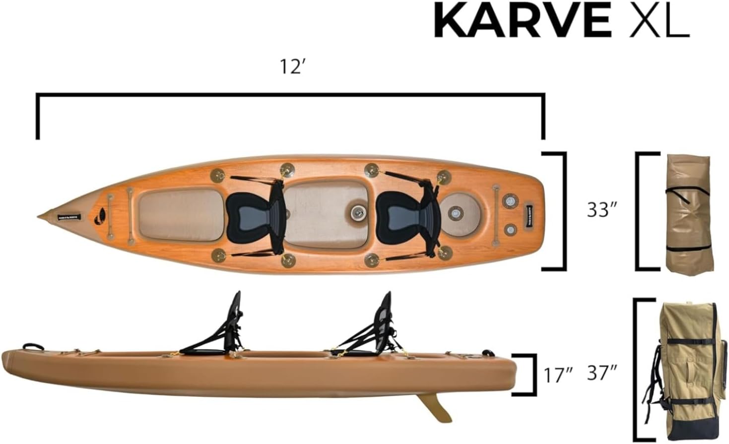 Paddle North Karve Kayak XL - 2-Person Tandem Inflatable 12 ft Kayak - Durable and Lightweight - Full Kit Included: Pump, 2 Seats, 2 Paddles, Fin, and Travel Backpack with Wheels