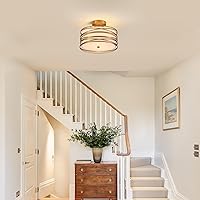 Vista 2 de Drum Semi Flush Mount Ceiling Light Fixture Vintage 12.2“ Modern Farmhouse 2-Lights Linen Drum Ceiling Lighting Rustic Golden Ceiling lamp for