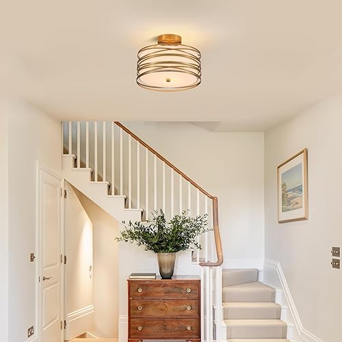 Miniatura 2 de Drum Semi Flush Mount Ceiling Light Fixture Vintage 12.2“ Modern Farmhouse 2-Lights Linen Drum Ceiling Lighting Rustic Golden Ceiling lamp for