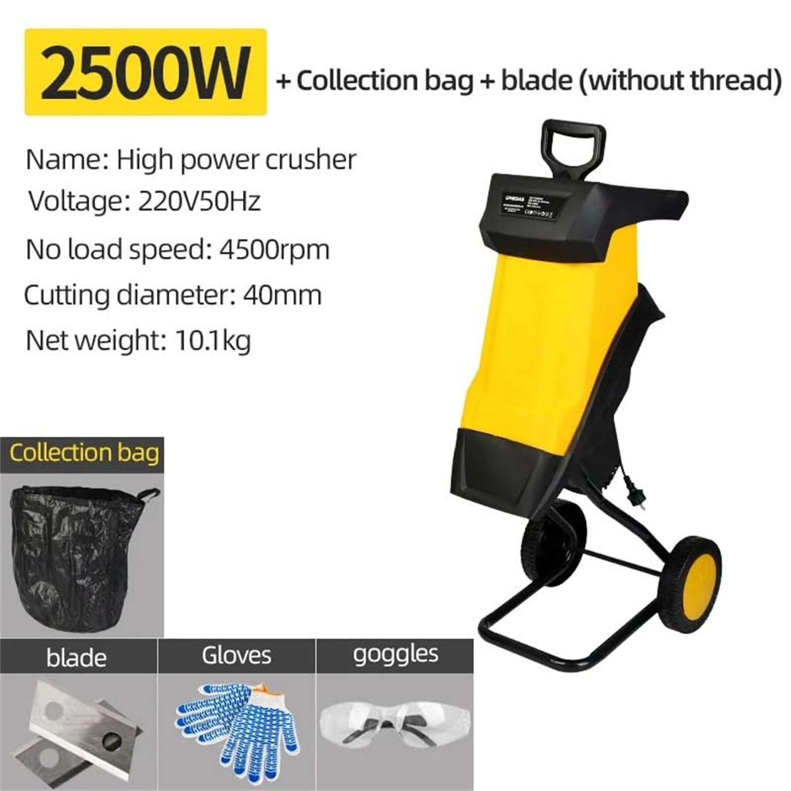 Trituradora de ramas de 2500 W, trituradora de madera para árboles de jardín de 4500 r/min, trituradora de hojas eléctrica, trituradora de ramas y hojas multifuncional,con caja de 45 L,10m
