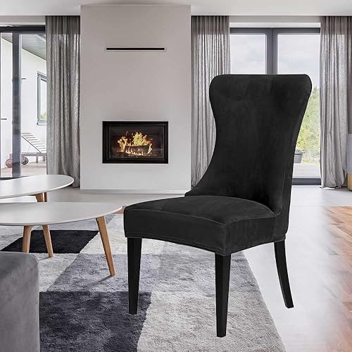 Miniatura 2 de XMNTG Juego de 4 fundas elásticas de terciopelo negro para silla con respaldo de ala, súper suave, reutilizables, lavables, protectores de silla