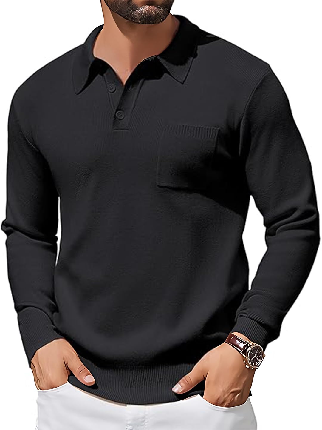 tysort Mens Long Sleeve Polo Sweater Knit Polo Casual Heavyweight Thermal Pullover Sweater with Pocket-picture-23