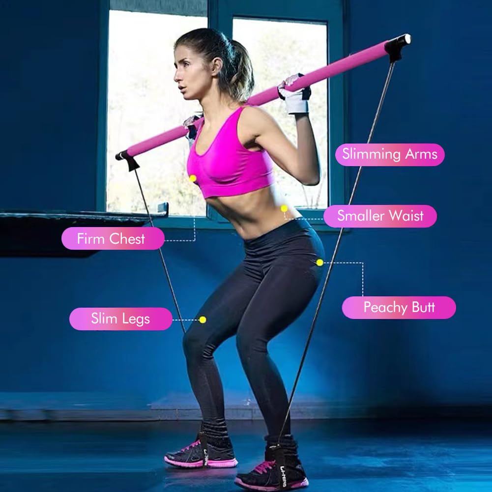 Kit de barre de pilates avec bande de résistance, bandes de résistance portable, barre de Pilates pour la maison et la salle de sport, bodybuilding, yoga, pilates bâton avec dragonne pour les pieds