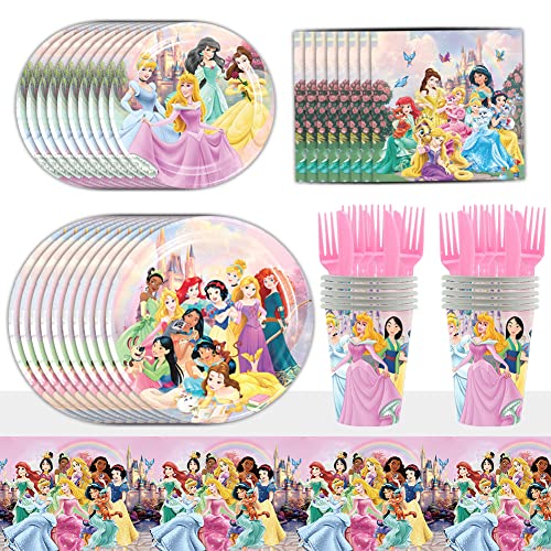 Babioms Decoration Anniversaire Princesse, Anniversaire Vaisselle, Vaisselle de Fête de Princesse, Réutilisables Party Assiette Nappe Tasse Serviette, Ensemble de Décoration A'anniversaire, 71Pcs