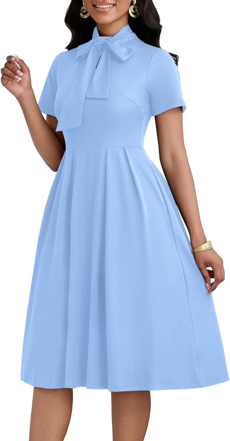 FANDEE Midi Dress for Women Casual Short Sleeve A-line Semi Formal Fit and Flare Dress Classy Tie Neck Work Business Dresses