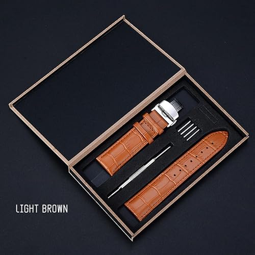 طقم سوار ساعة فاخر من جلد التمساح مع ادوات تركيب - متوافق مع 19-24 ملم، مشبك إغلاق على شكل فراشة (بني فاتح، 21 ملم)
