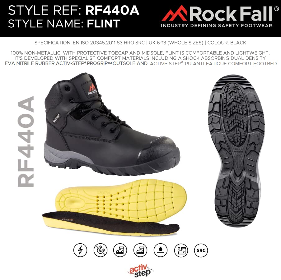 Rockfall Men's Flint Water Repellent Non Metallic Safety Boot US Size 12 Black