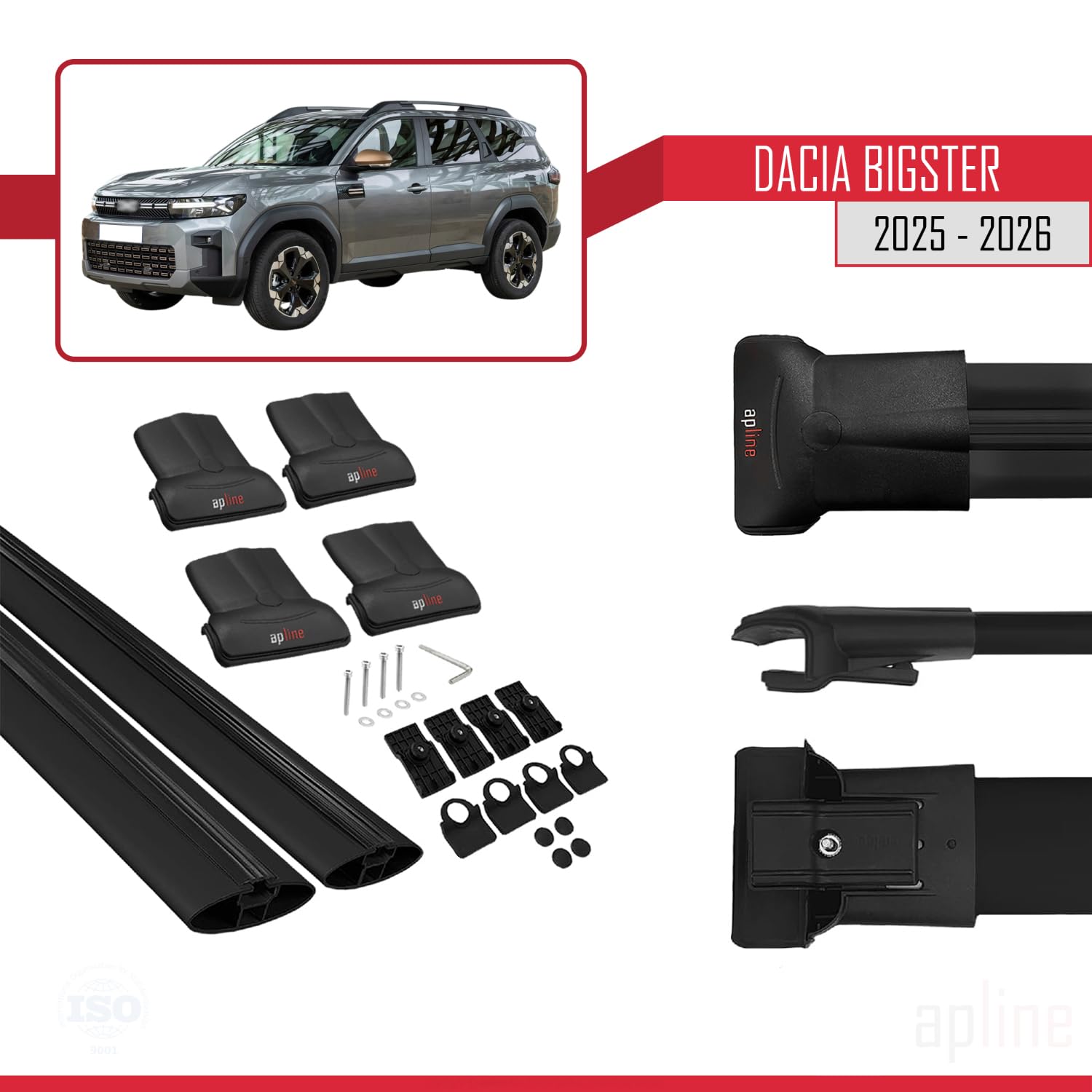Compatible con Dacia Bigster (R1310) 2025-2026 Modelo Fly Barra de Techo Auto Portaequipajes Barras Transversales Negro Aluminio 2 Barras