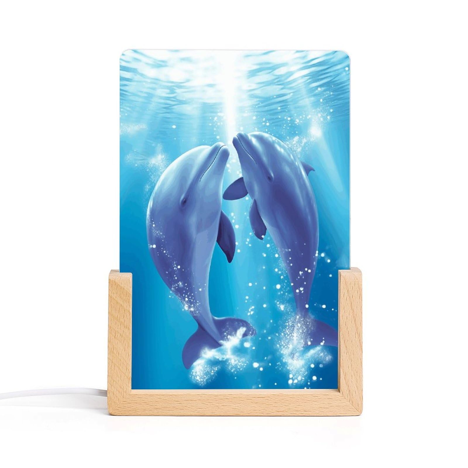 JTREHY Acrylic Night Light,Dolphins in Love Printed Wooden Base LED Night Light Modern Home Decoration Light with USB Switch Cable for Bar Cafe Bedroom Room Decoration