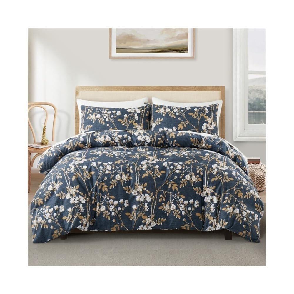 VHKJewE White Floral Yellow Leaves Branches Print Bedding Set 3Pcs Reversible Skin friendly Duvet Cover Set(EU Single(135x200cm))