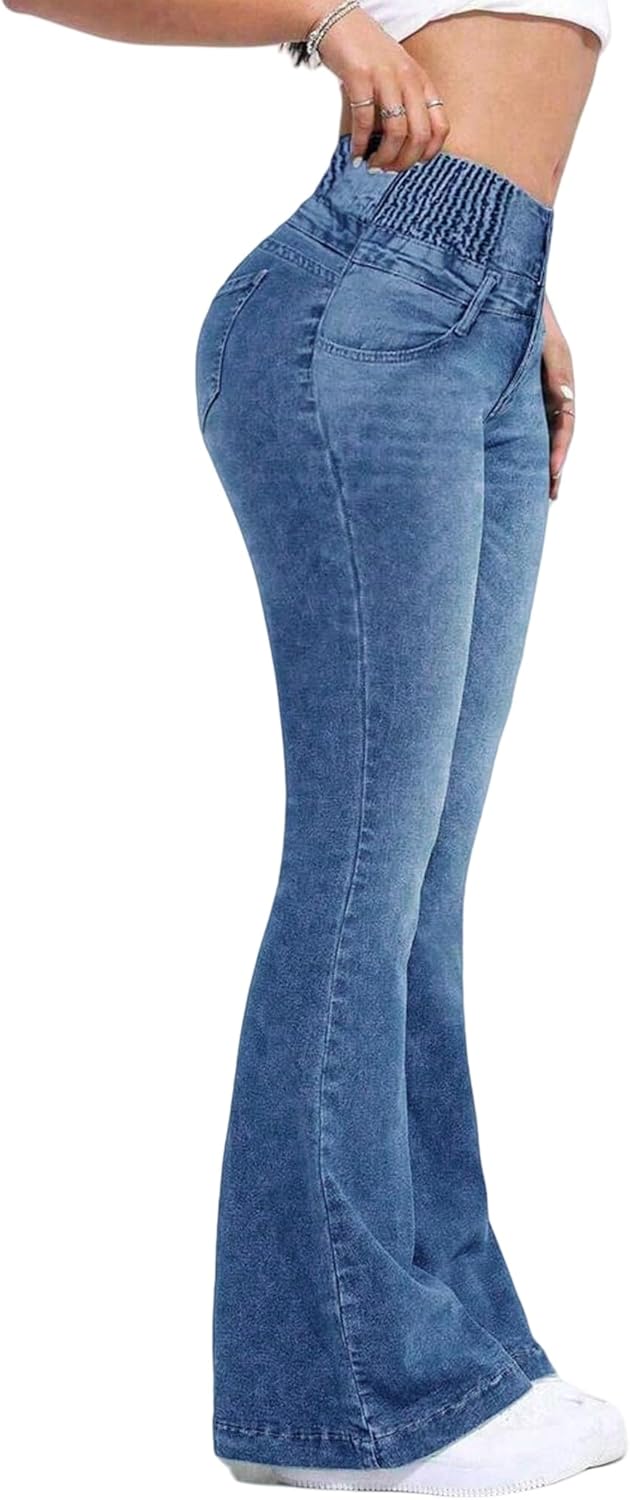 High Waisted Flare Jeans for Women Stretch Bell Bottom Jeans 4-Button Tummy Vintage Slim Denim Pants - Image 4